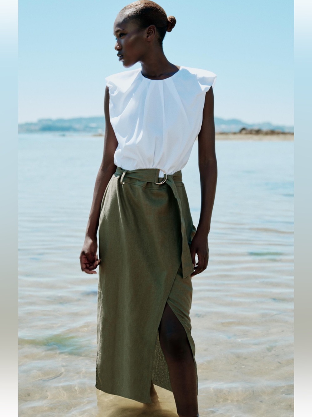 Zara White Top with Olive Green Wrap Midi Skirt